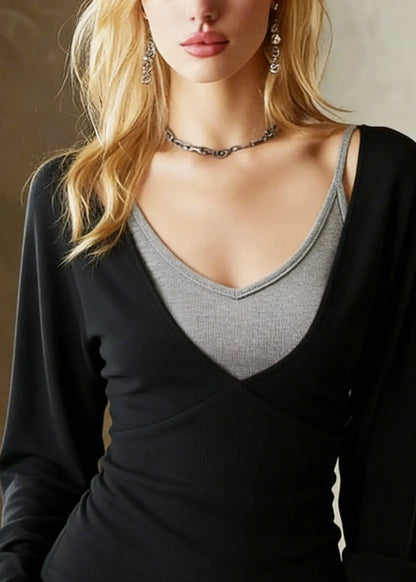 Black Top and Spaghetti Strap Cotton Two Pieces Set Spring