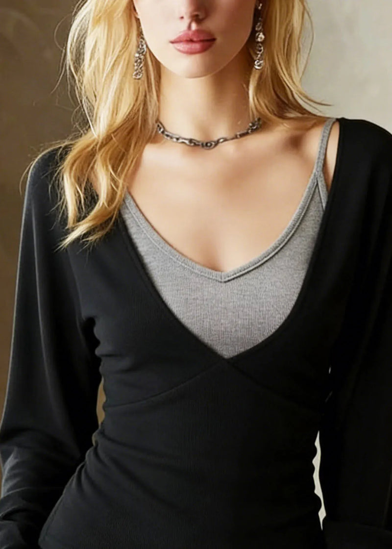 Black Top and Spaghetti Strap Cotton Two Pieces Set Spring