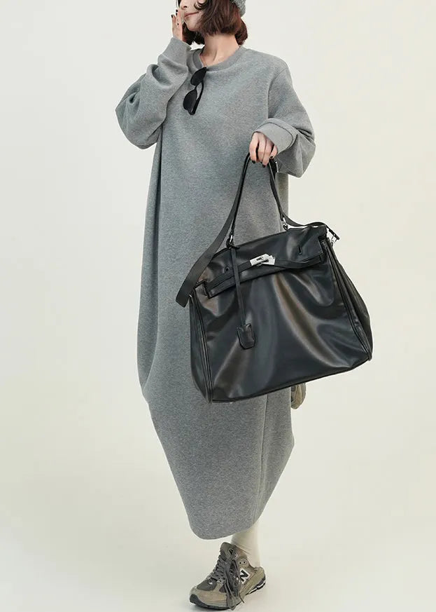 Grey O Neck Loose Cotton Straight Dresses Fall