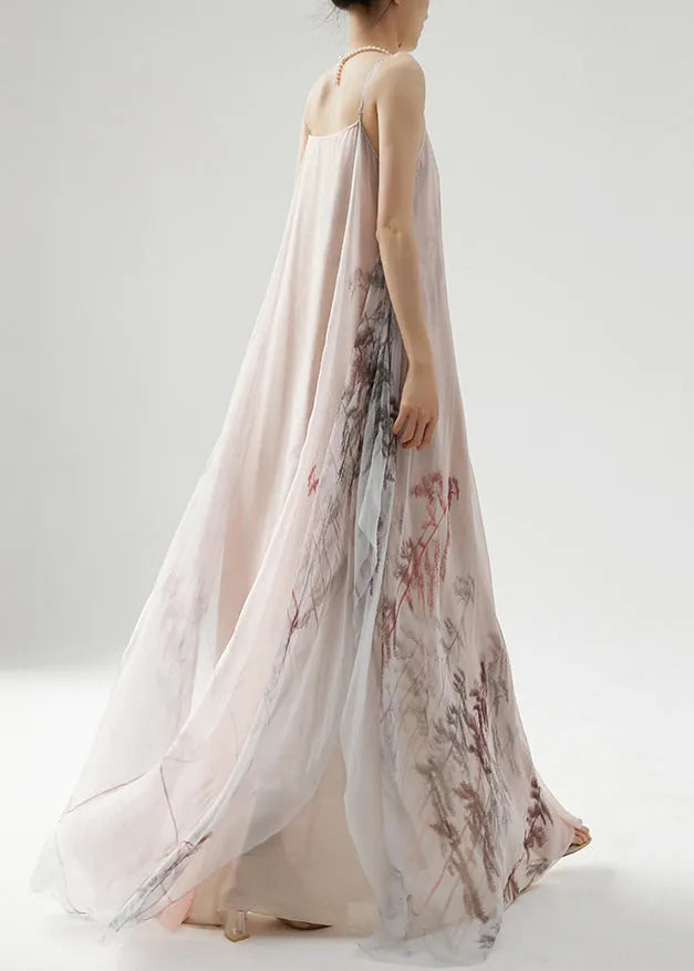 Pink Wrinkled Print Silk Spaghetti Strap Dress Sleeveless