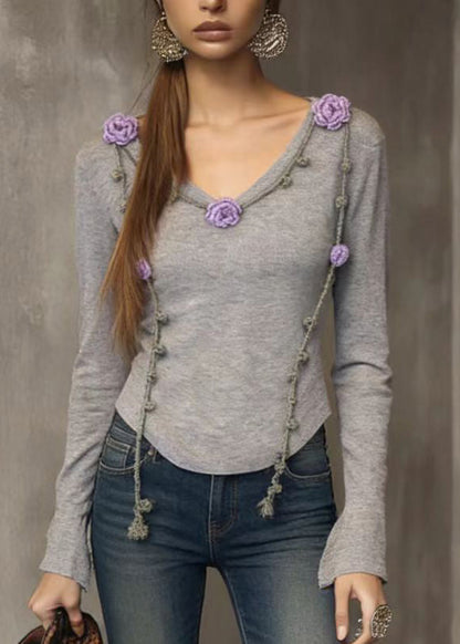 French Grey V Neck Slim Fit Knit Top Spring