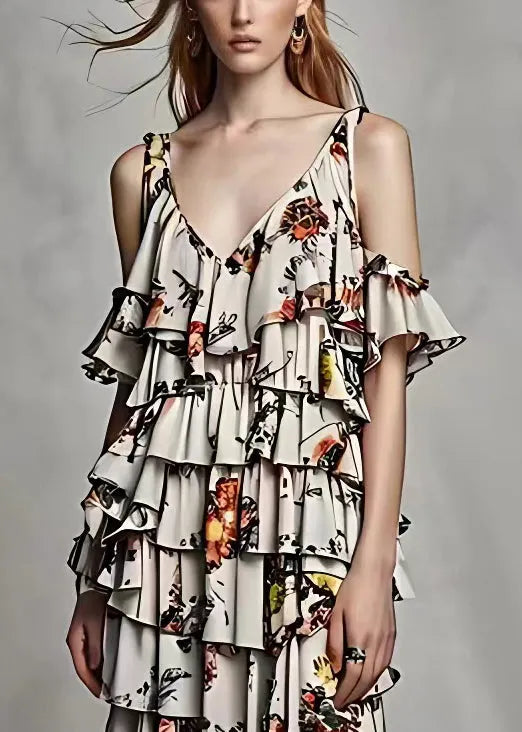 Grey Cold Shoulder Print Silk Long Dresses Summer