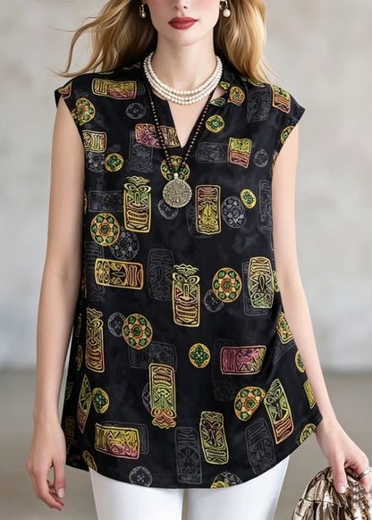 Loose Black V Neck Print T Shirt Short Sleeve