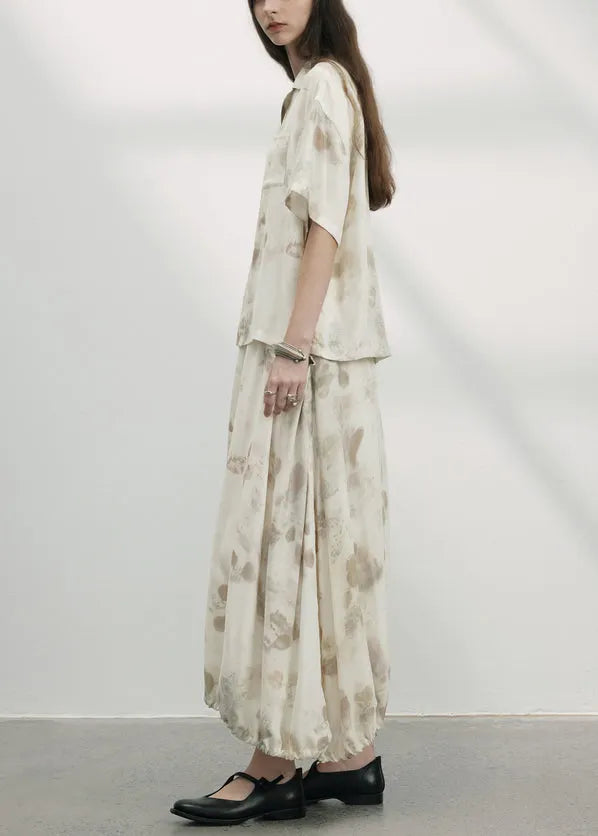 Unique Beige Print Drawstring Tops and Skirts Cotton Two Pieces Set Summer