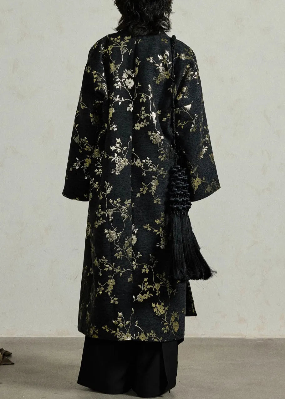 Jacquard Black Lace Up Pockets Cotton Long Coats Fall