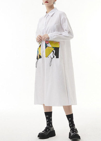 White Wrinkled Peter Pan Collar Pockets Print Shirt Dresses Spring