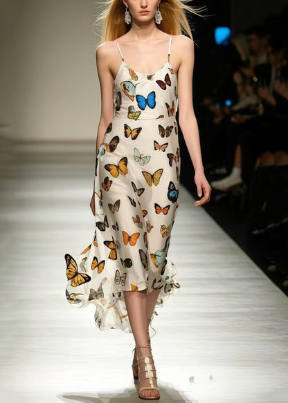 Silm Fit Polychrome Butterfly Chiffon Spaghetti Strap Dress Summer