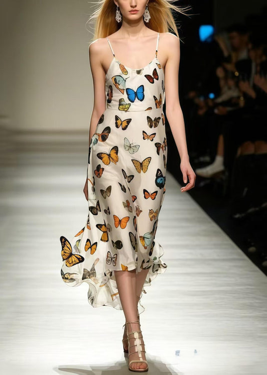 Silm Fit Polychrome Butterfly Chiffon Spaghetti Strap Dress Summer