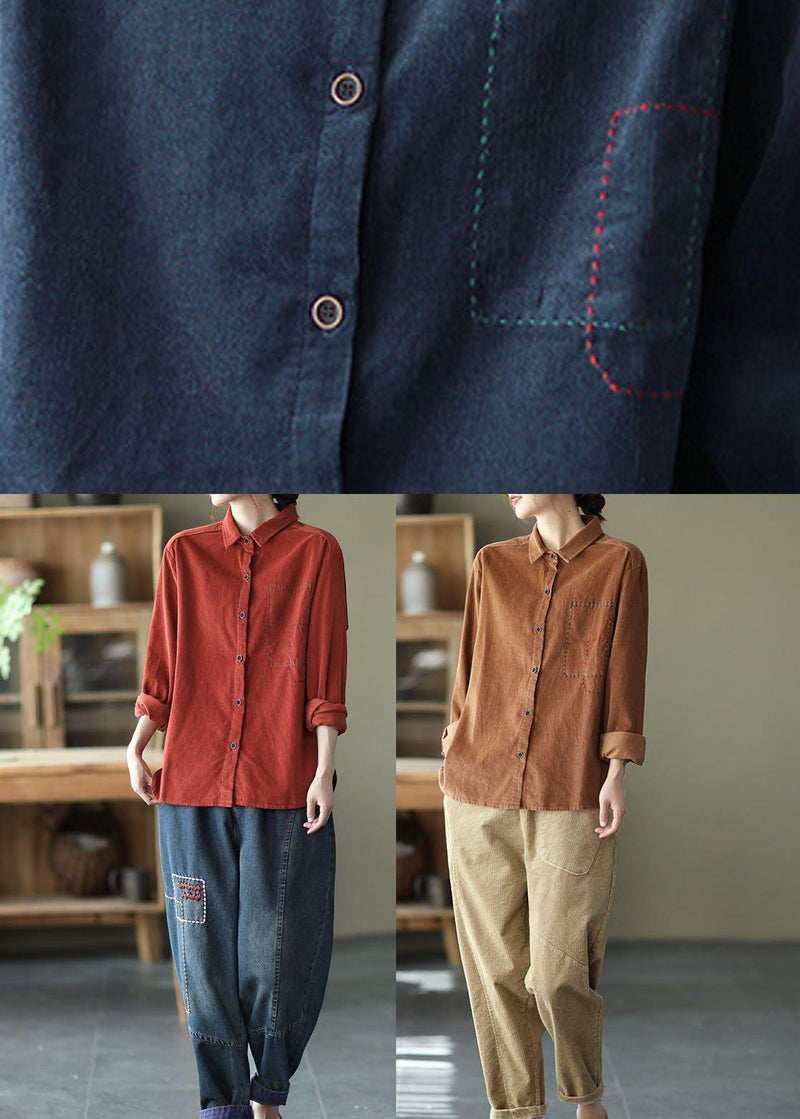 Style Red Retro Peter Pan Collar Button Fall Corduroy Long Sleeve Tops
