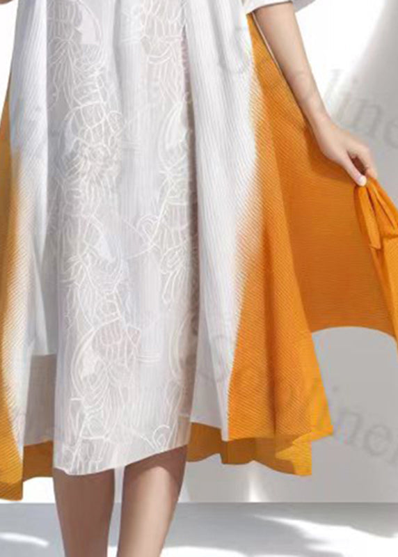 French White Patchwork Hollow Out Silk Long Dresses Short Sleeve