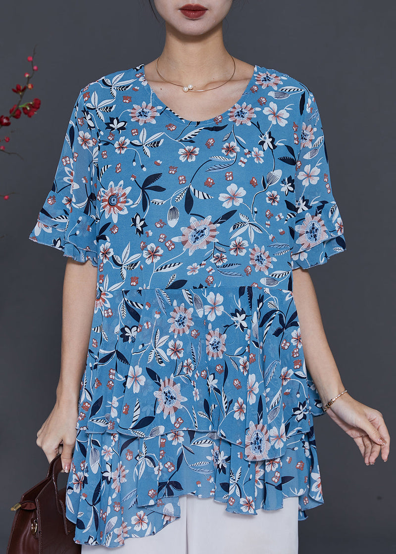 Blue Print Silm Fit Chiffon Shirt Summer