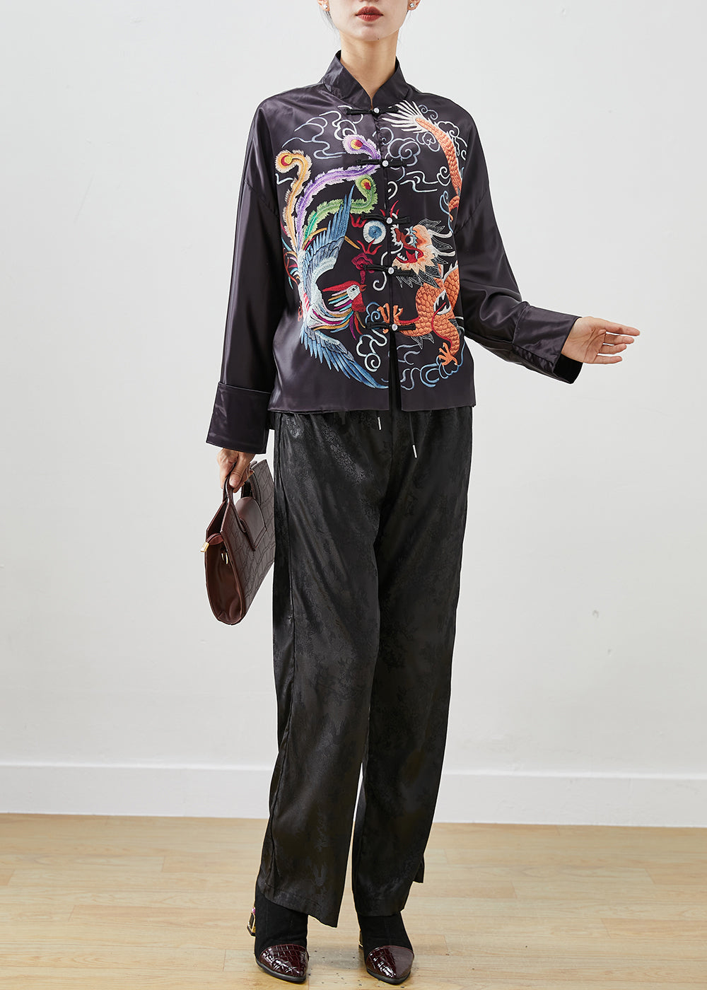 Black Embroideried Silk Chinese Style Two Piece Set Outfits Fall
