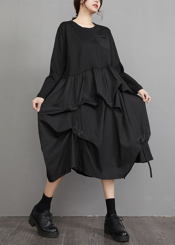 Black O-neck Wrinkled Patchwork Maxi Lantern Dresses Long Sleeve