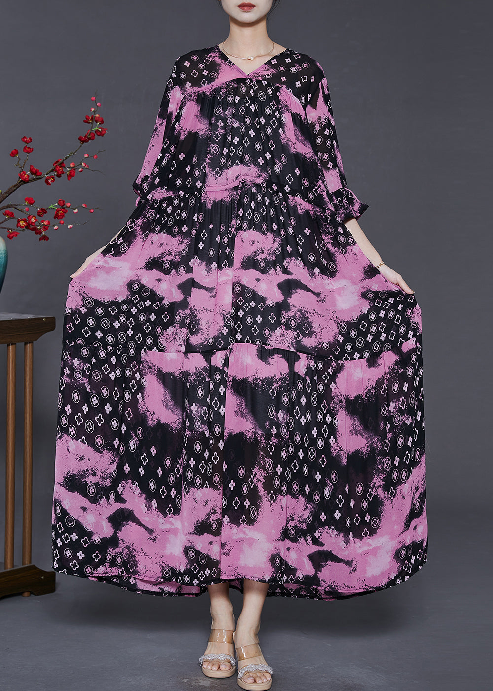 Rose Cinched Exra Large Hem Chiffon Dress Summer