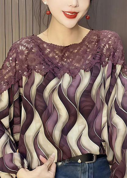 Blue O-neck Print Hollow Out Chiffon Shirt Fall