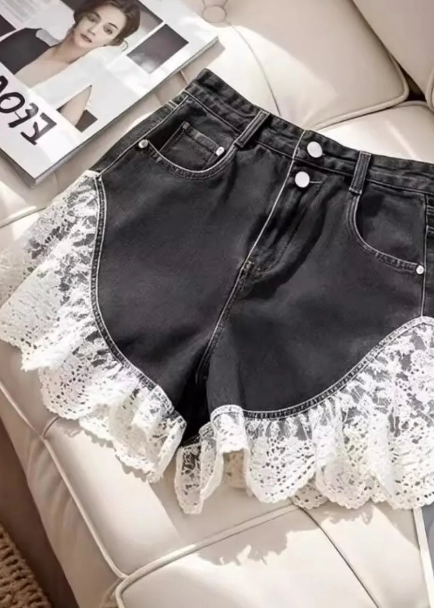 Black Silm Fit Lace Patchwork Denim Shorts Summer