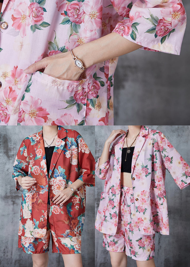 Pink Oversized Print Linen Two Pieces Set Summer