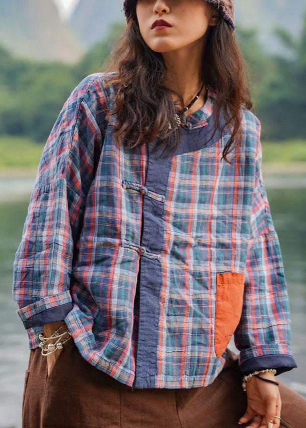 Retro Plaid Patchwork Button Pockets Fall Shirt Top