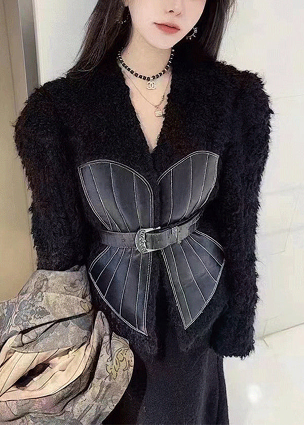 French Black V Neck Tie Waist Patchwork Leather and Fur Coats Spring