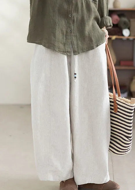 White Linen Harem Pants Oversized Elastic Waist Summer