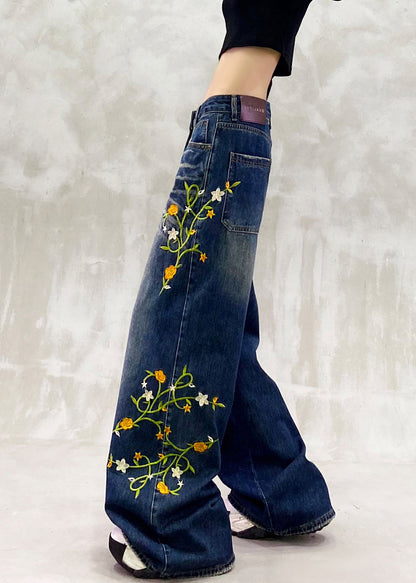 Blue Embroidered Pockets Patchwork Denim Pants Fall