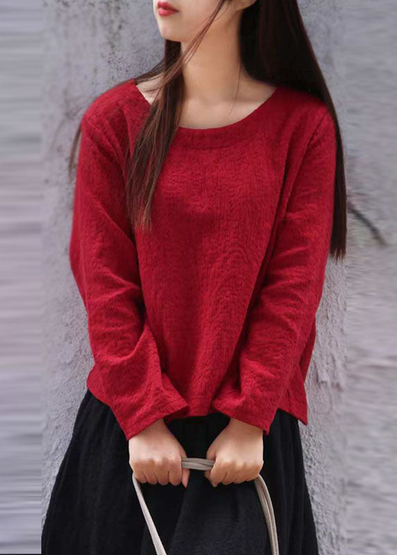 Mulberry O-neck Jacquard Linen Tops Long Sleeve