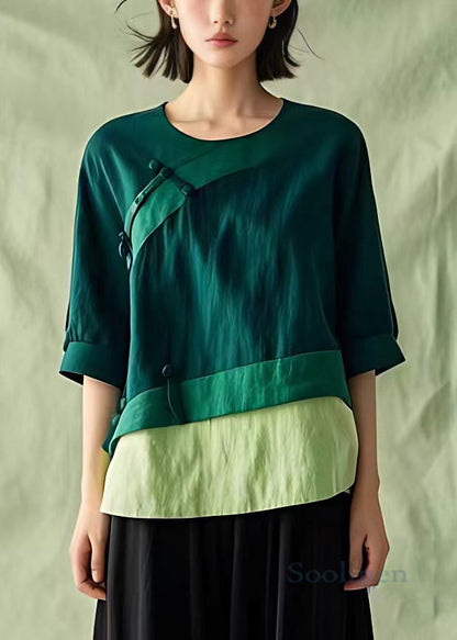 New Green O Neck Button Linen Blouses Half Sleeve