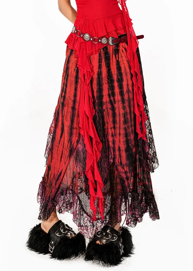 Red Tie Dye High Waist Lace Maxi Skirts Summer