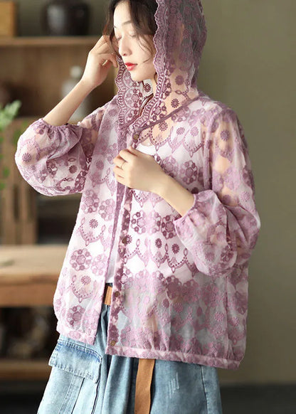 Purple Hollow Out Lace Upf 50+ Coat Cardigan Embroideried Long Sleeve