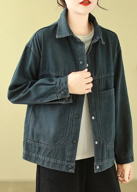 Navy Oversized Pockets Warm Fleece Denim Jacket Spring