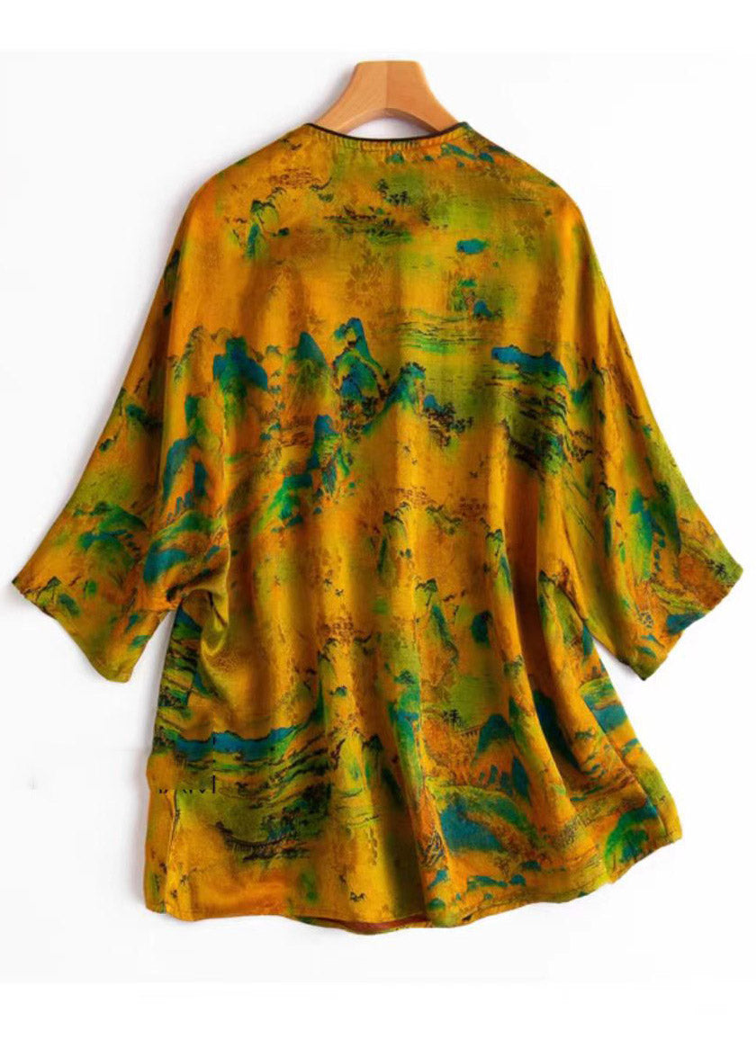Vogue Yellow O-neck Button Print Silk T Shirt Half Sleeve