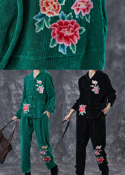 Art Green Embroideried Chinese Button Corduroy Two Piece Suit Set Spring