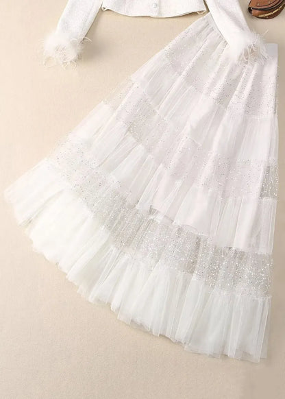 White Sequins Nail Bead Coats and Tulle Maxi Skirt Two Pieces Set Spring