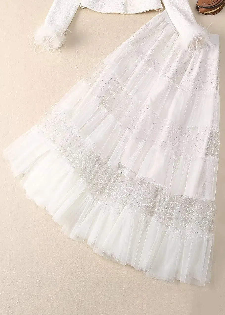White Sequins Nail Bead Coats and Tulle Maxi Skirt Two Pieces Set Spring