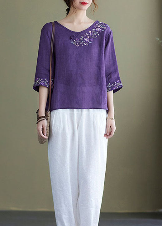 Diy Pink Flower Embroidered Side Open Half Sleeve Top