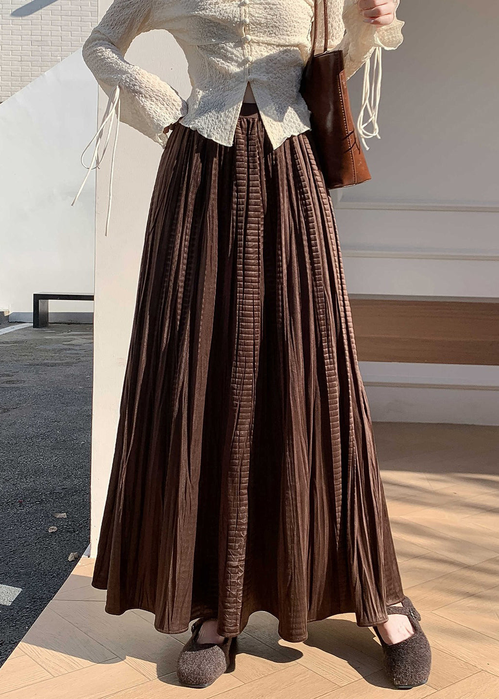 Coffee Wrinkled Elastic Waist Silk Velvet Skirt Winter