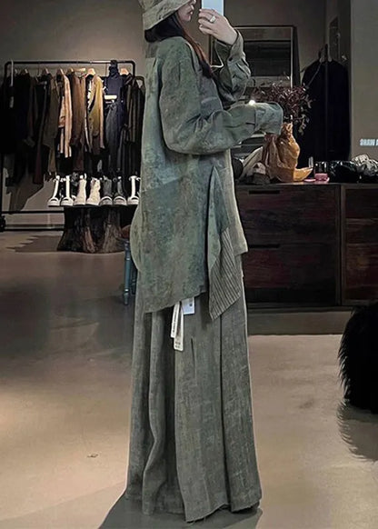 Green Print Patchwork Shirts and Maxi Skirts Two Pieces Set Fall