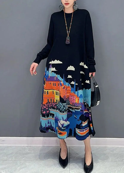 Black O-neck Print Knit Long Sweater Dresses Fall