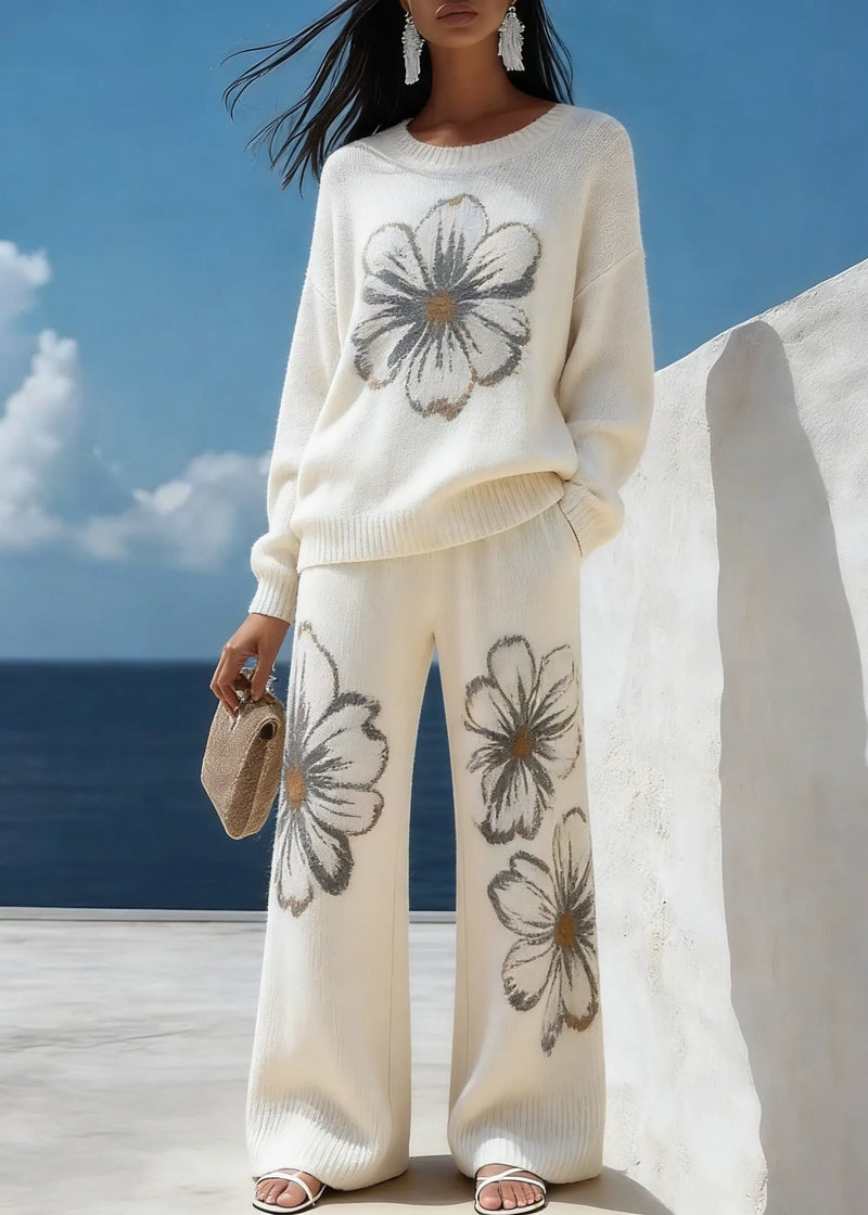 White Cozy Knit Two Piece Suit Set O-neck Spring