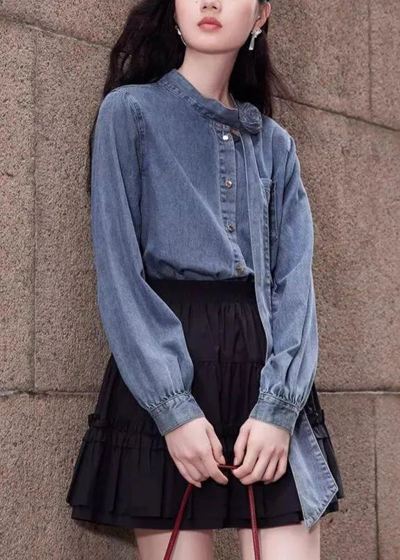 Stylish Blue Bow Button Pockets Denim Shirt Spring