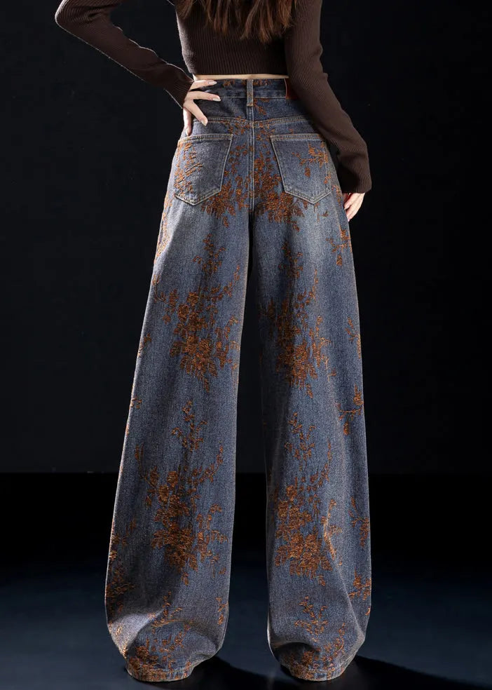 Jacquard Brown Pockets High Waist Denim Wide Leg Pants Spring