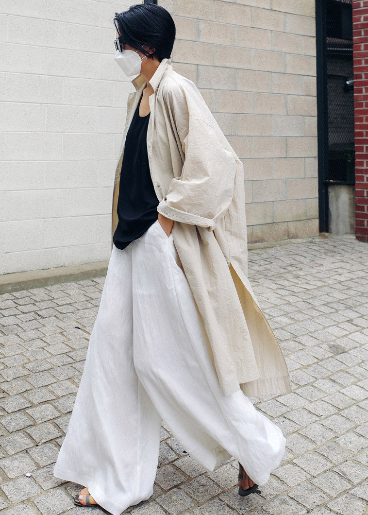 Beige Peter Pan Collar Button Wrinkled Side Open Trench Coats Long Sleeve