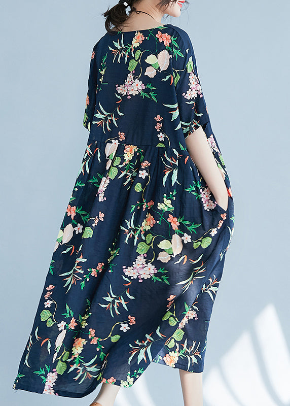Navy O-neck Zippered Pocket Print Dresses Short Sleeve