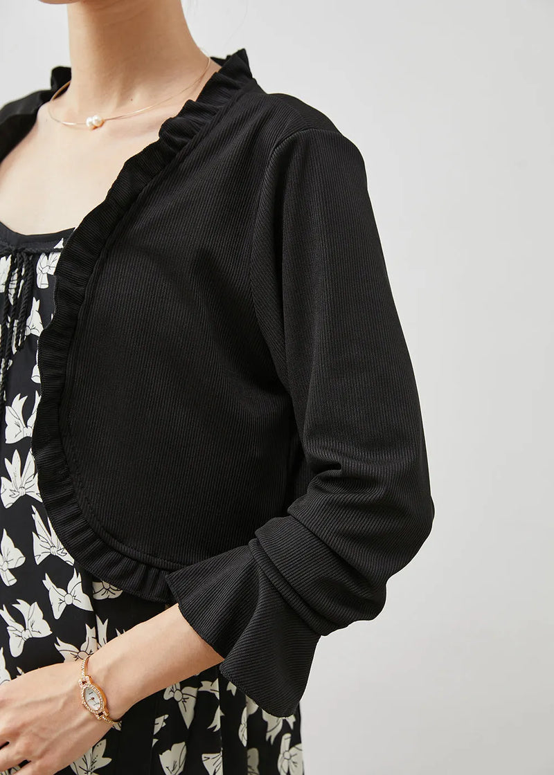 Black Ruffled Print Chiffon Dress Two Pieces Set Summer