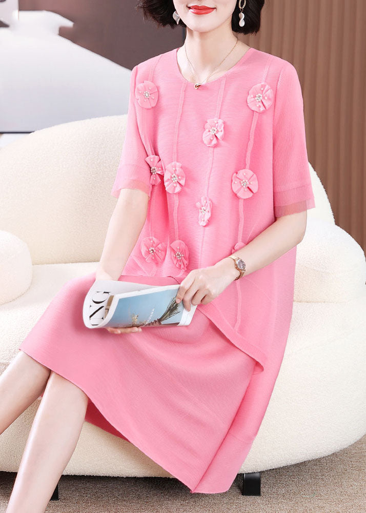 Pink O-neck Patchwork Long Dress Short Sleeve