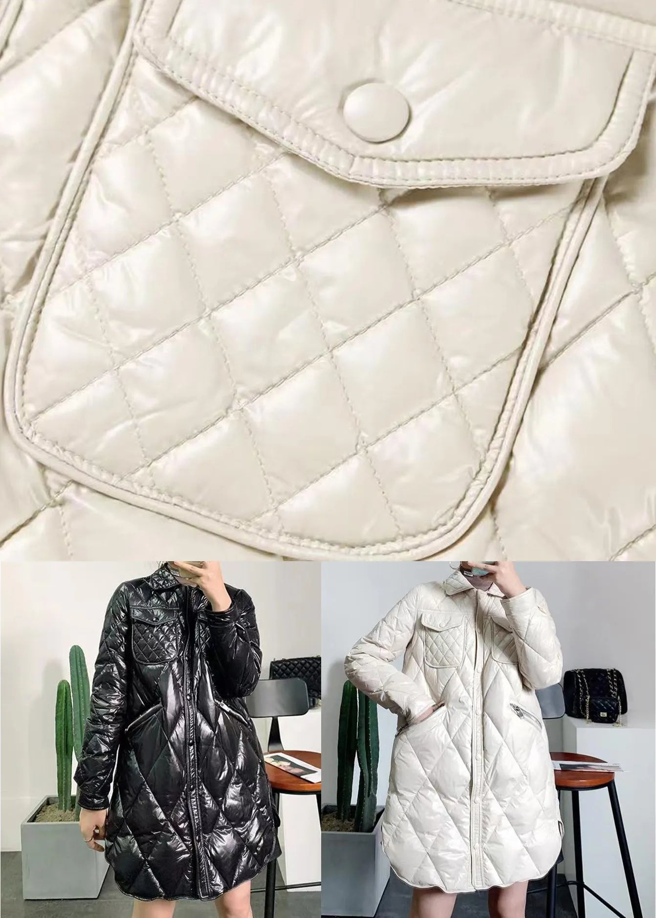 Beige Peter Pan Collar Pockets Patchwork Duck Down Coat Winter