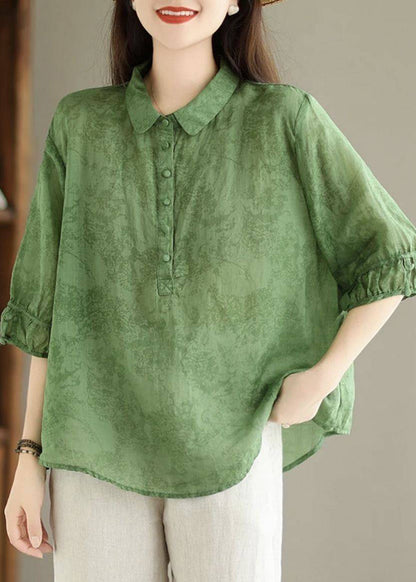 Navy Peter Pan Collar Print Cotton Shirt Top Summer