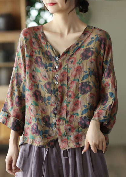 Coffee V Neck Print Linen Shirt Tops Summer