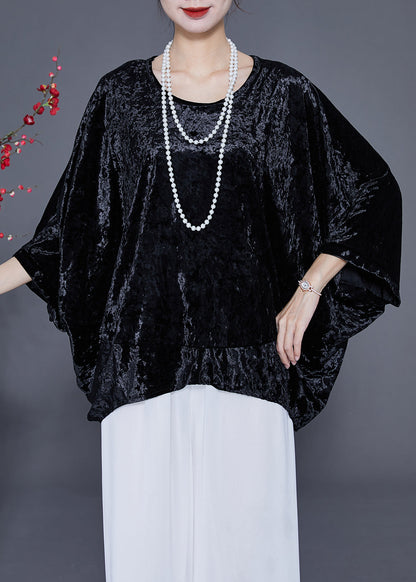 French Black O-neck Oversized Silk Velour Shirt Tops Batwing Sleeve