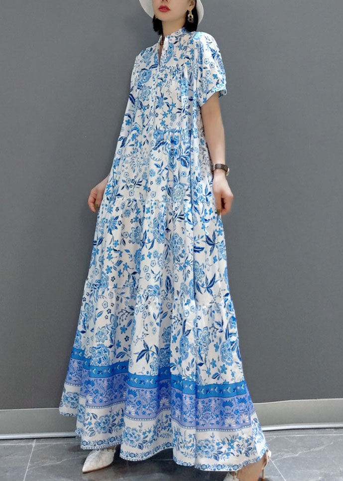 Blue Wrinkled Chiffon Long Dress Short Sleeve Summer